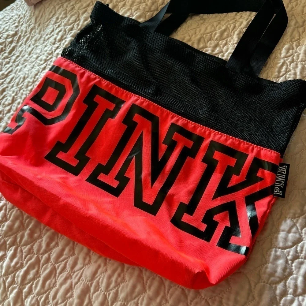 Victoria’s Secret Pink Tote Gym Beach Mesh Bag Black Pink carryall lightweight